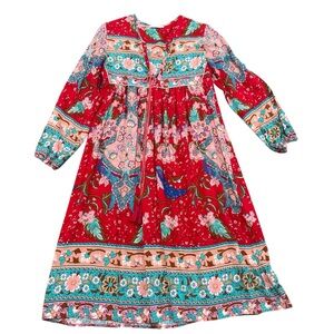 Red Floral Boho Midi Dress with Tie Front